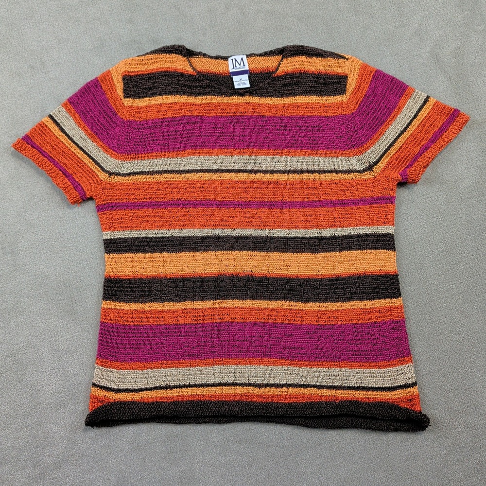 JM Collection Size M Women Striped Short Sleeve Knit Top Orange Magenta Brown